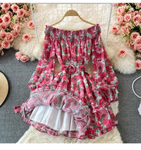 Cuff sleeve off shoulder floral ruffle layers mini chiffon dress